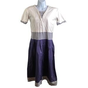 Vintage Punctu-A-Tion White Blue Striped Cotton Midi Dress Size M Preppy Sailor